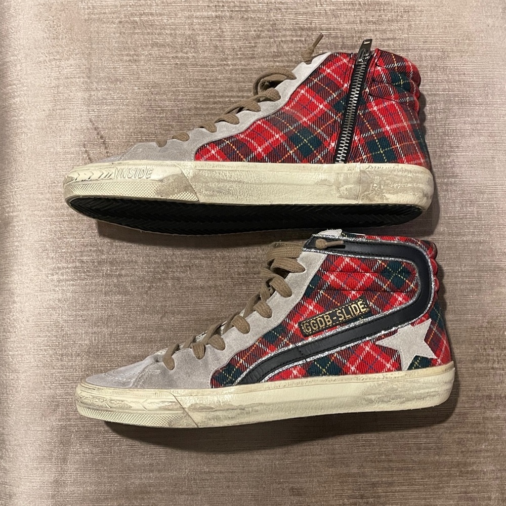 Excellent condition Golden Goose Slide Red Tartan high tops
